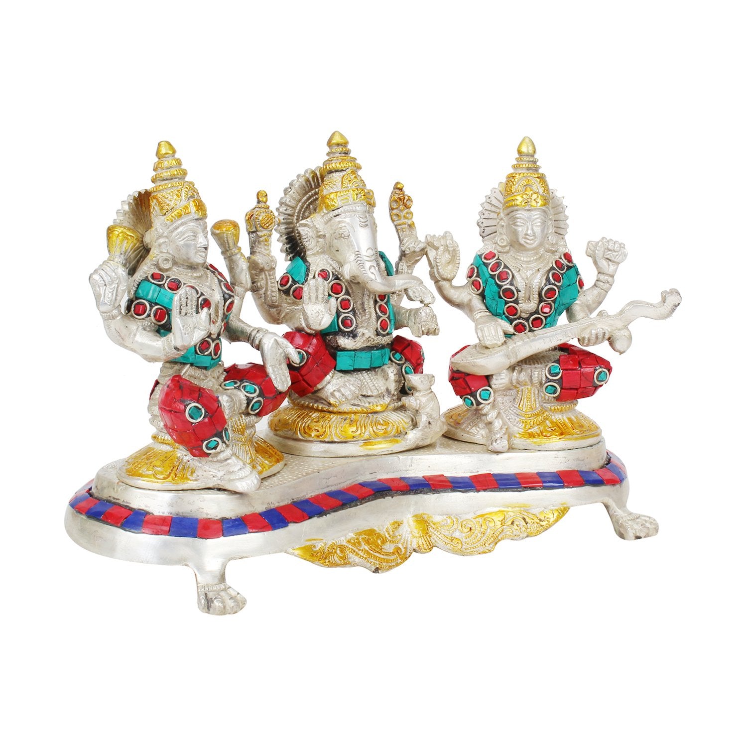 Svarup Brass Lakshmi Ganesha Saraswati Laxmi Ganesh And Sarasvati Idol For Diwali Pooja Home Decor (Length 9.5 Inch Weight 3.30